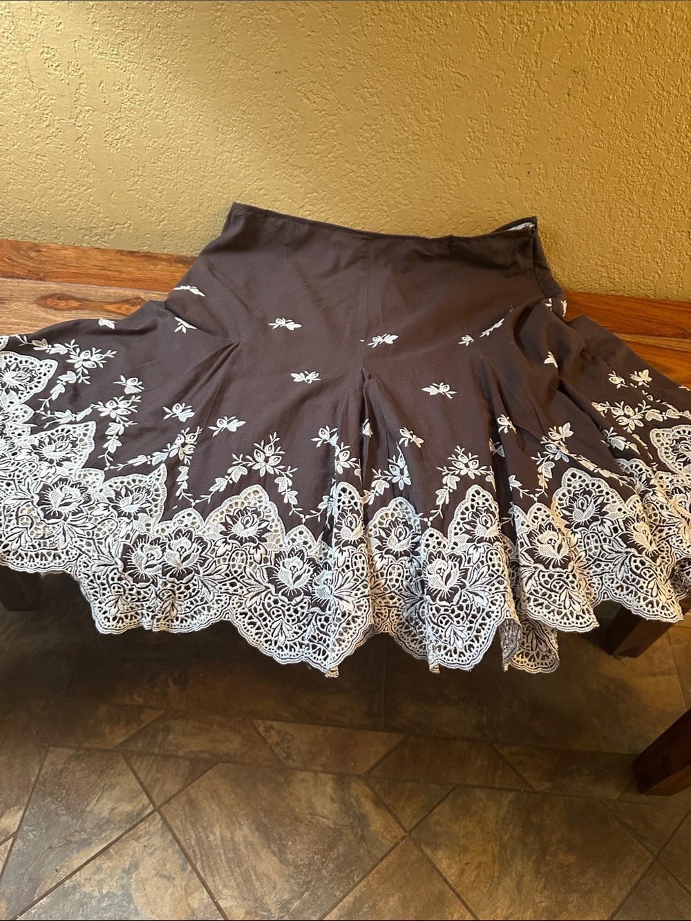 ECI Brown Circle Pleated Skirt with White Embroidered Hem